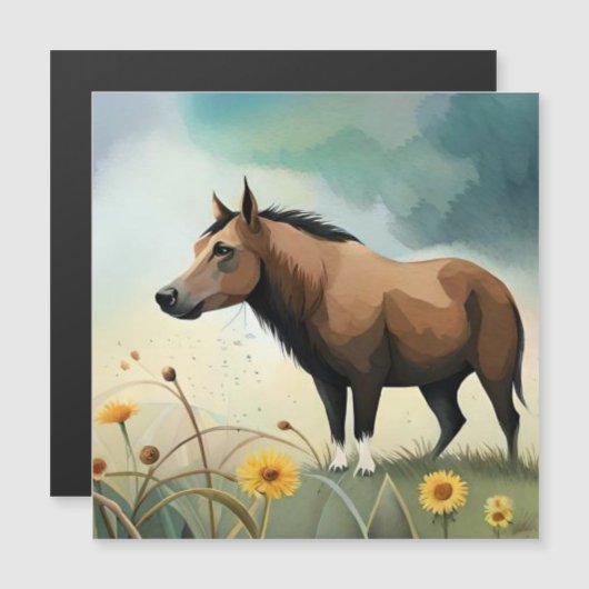 Leuke bruine pony in het bloemenveld (Voorkant / Achterkant)