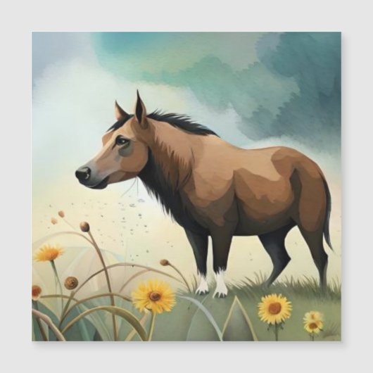 Leuke bruine pony in het bloemenveld (Voorkant)