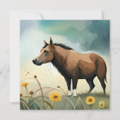 Leuke bruine pony in het bloemenveld (Voorkant)