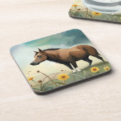 Leuke bruine pony in het bloemenveld bier onderzetter (Linkerzijde)