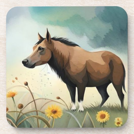 Leuke bruine pony in het bloemenveld bier onderzetter (Voorkant)