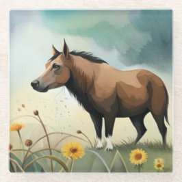 Leuke bruine pony in het bloemenveld glazen onderzetter