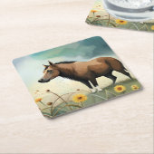 Leuke bruine pony in het bloemenveld kartonnen onderzetters (Schuin)