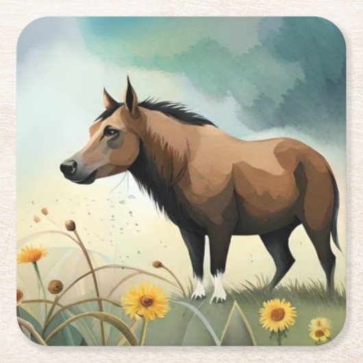 Leuke bruine pony in het bloemenveld kartonnen onderzetters (Voorkant)