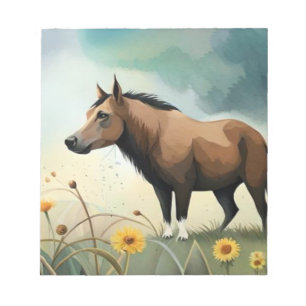 Leuke bruine pony in het bloemenveld notitieblok