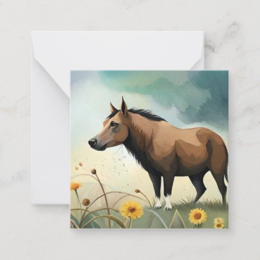 Leuke bruine pony in het bloemenveld notitiekaartje (Voorkant)
