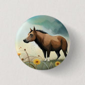 Leuke bruine pony in het bloemenveld ronde button 3,2 cm (Voorkant)