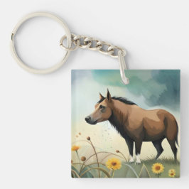 Leuke bruine pony in het bloemenveld sleutelhanger