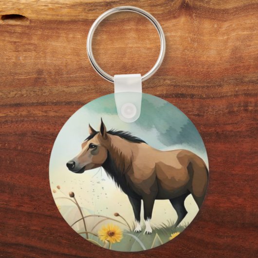 Leuke bruine pony in het bloemenveld sleutelhanger (Achterkant)