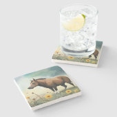 Leuke bruine pony in het bloemenveld stenen onderzetter (Zijkant)