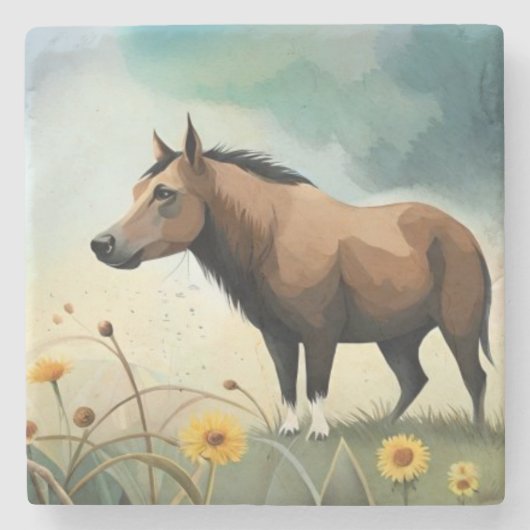 Leuke bruine pony in het bloemenveld stenen onderzetter (Voorkant)