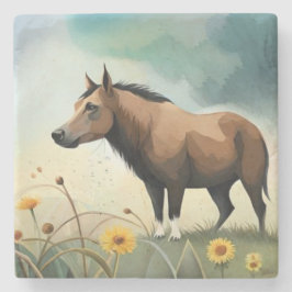 Leuke bruine pony in het bloemenveld stenen onderzetter