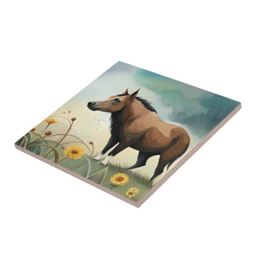 Leuke bruine pony in het bloemenveld tegeltje (Zijkant)