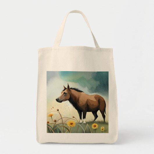 Leuke bruine pony in het bloemenveld tote bag (Voorkant)