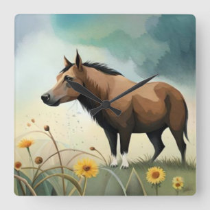 Leuke bruine pony in het bloemenveld vierkante klok