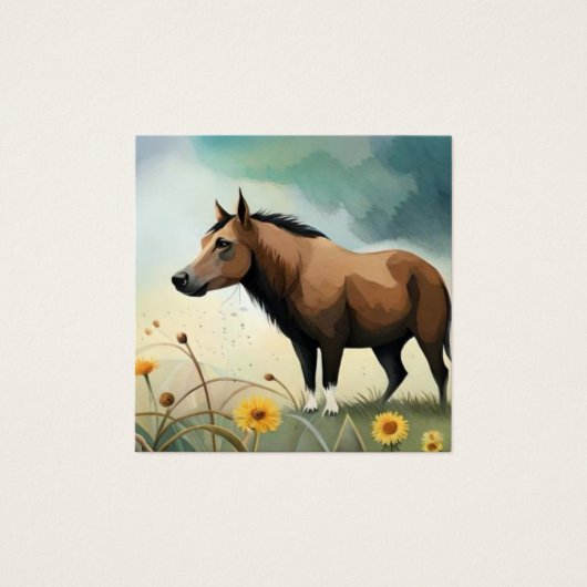 Leuke bruine pony in het bloemenveld vierkante visitekaartjes (Voorkant)