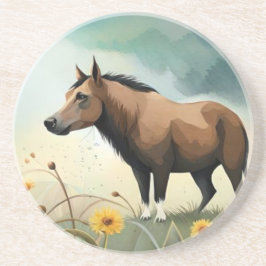 Leuke bruine pony in het bloemenveld zandsteen onderzetter