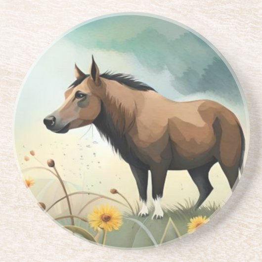 Leuke bruine pony in het bloemenveld zandsteen onderzetter (Voorkant)