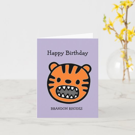 Leuke bruine tijger gezicht paarse kaart (Gele Bloem)