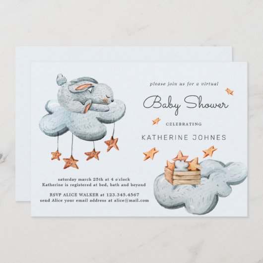 Leuke Bunny In The Clouds Baby shower Invitation (Voorkant / Achterkant)