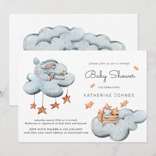 Leuke Bunny In The Clouds Baby shower Invitation (Voorkant / Achterkant)