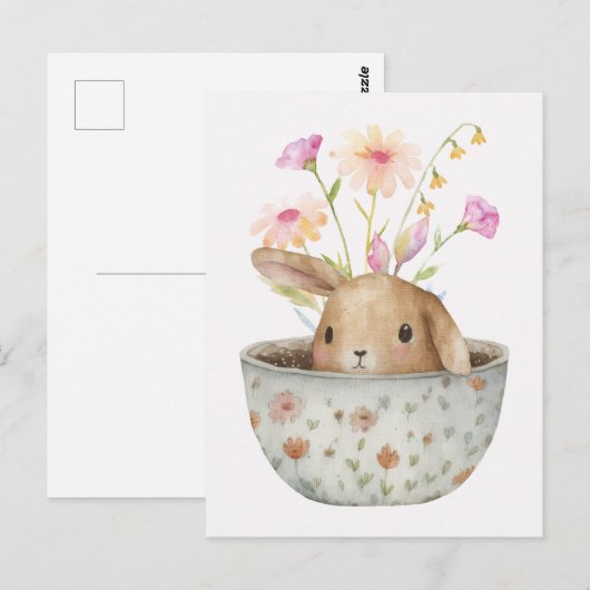 Leuke Bunny Tea Cup met bloemen Briefkaart (Voorkant / Achterkant)