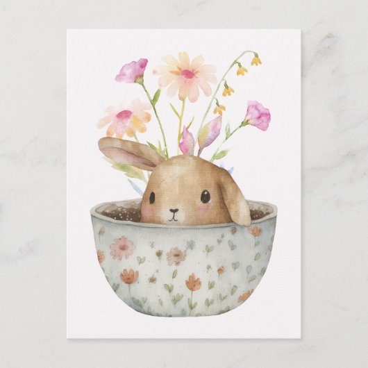 Leuke Bunny Tea Cup met bloemen Briefkaart (Voorkant)