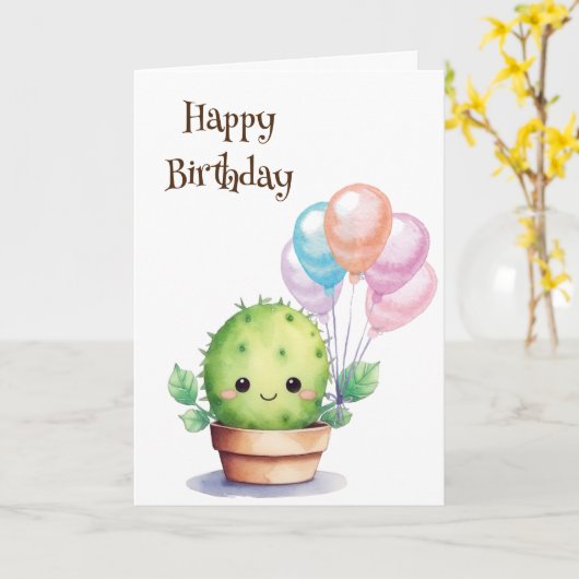 Leuke Cactus met Verjaardagsballonnen Kaart (Gele Bloem)