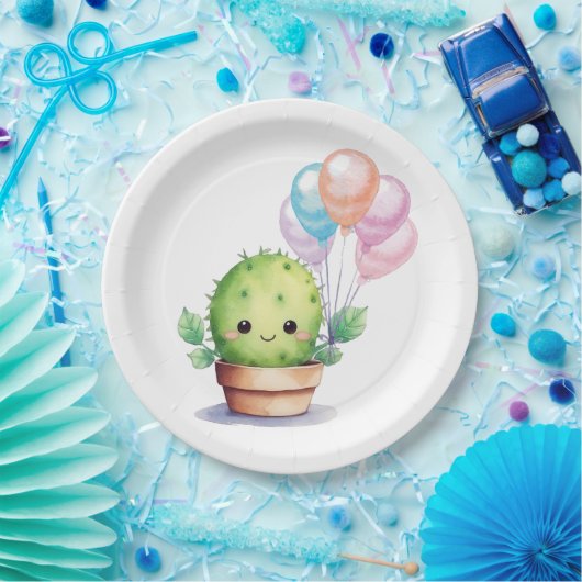 Leuke Cactus met Verjaardagsballonnen Papieren Bordje (Feest)