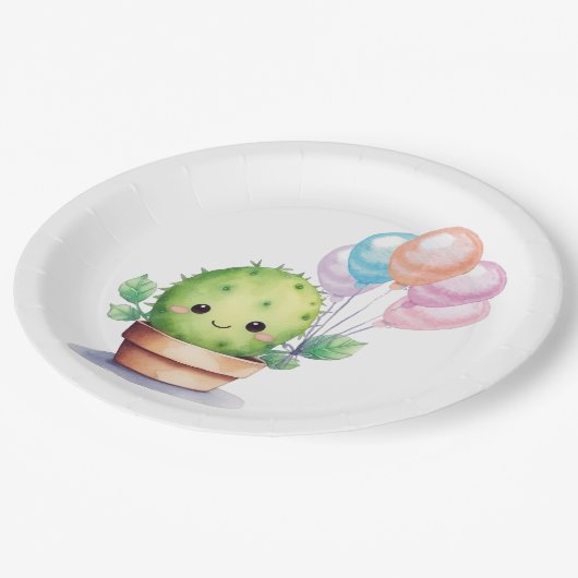 Leuke Cactus met Verjaardagsballonnen Papieren Bordje (Gekanteld)