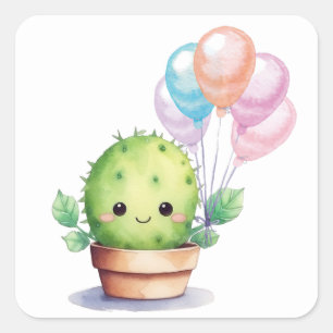 Leuke Cactus met Verjaardagsballonnen Vierkante Sticker