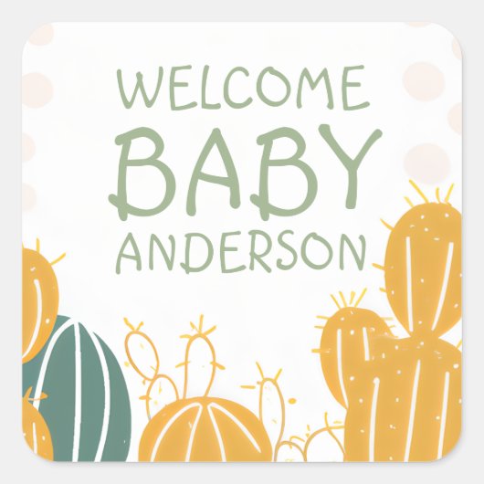 Leuke Cactus Welkom Baby Naam Baby shower Vierkante Sticker (Voorkant)