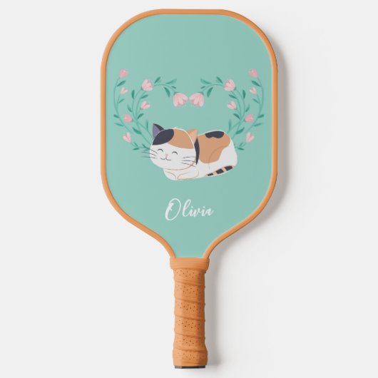 Leuke Calico Kat en Bloemen Pickleball Paddle (Voorkant)