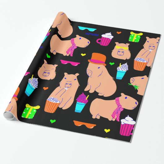 Leuke capibara grappig dier zwart cadeaupapier (Uitgerold)
