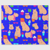 Leuke Capybara Grappig Dierenblauw Cadeaupapier (Vlak)