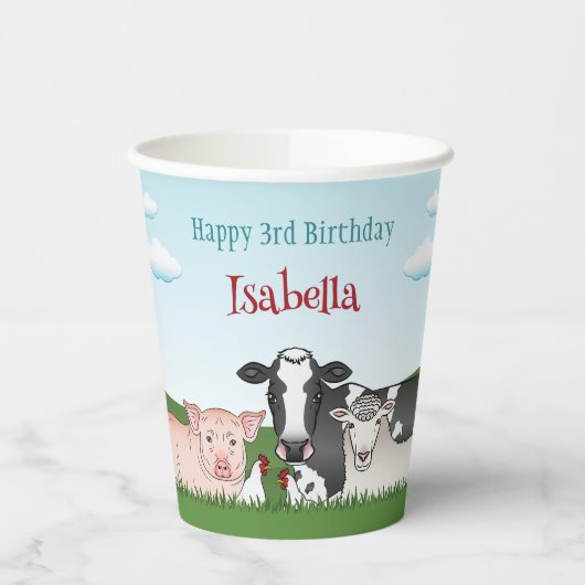 Leuke Cartoon Barnyard Farm Animals Kind jarig Papieren Bekers (Links)