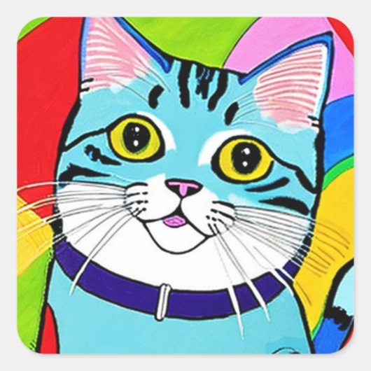 Leuke Cartoon Blue Cat Vierkante Sticker (Voorkant)