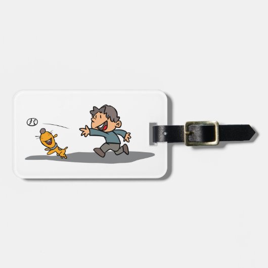 Leuke Cartoon Boy en hond spelen Fetch Bagagelabel (Voorkant horizontaal)