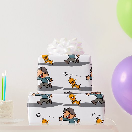 Leuke Cartoon Boy en hond spelen Fetch Cadeaupapier