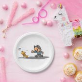 Leuke Cartoon Boy en hond spelen Fetch Papieren Bordje (Feest)
