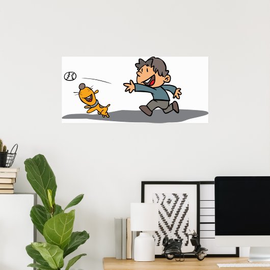 Leuke Cartoon Boy en hond spelen Fetch Poster (Thuiskantoor)