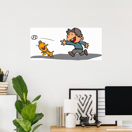 Leuke Cartoon Boy en hond spelen Fetch Poster