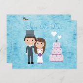 Leuke Cartoon bruid, bruidegom & taart opslaan van Aankondigingskaart (Voorkant / Achterkant)