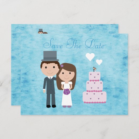 Leuke Cartoon bruid, bruidegom & taart opslaan van Aankondigingskaart (Voorkant / Achterkant)