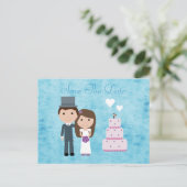 Leuke Cartoon bruid, bruidegom & taart opslaan van Aankondigingskaart (Staand voorkant)