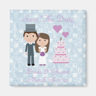 Leuke Cartoon bruid, bruidegom & taart opslaan van Magneet