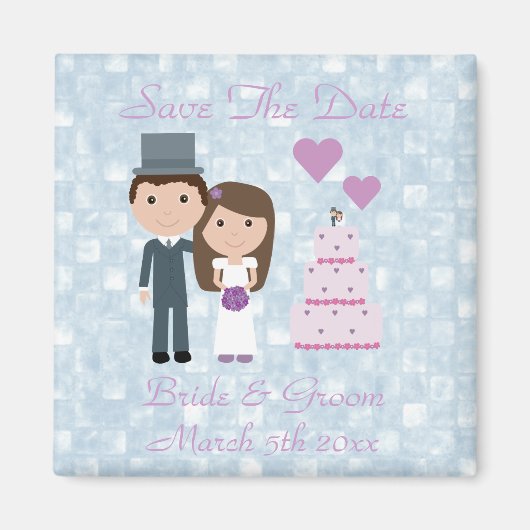 Leuke Cartoon bruid, bruidegom & taart opslaan van Magneet (Voorkant)