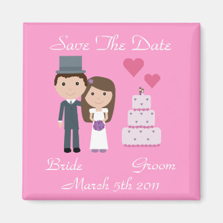Leuke Cartoon bruid, bruidegom & taart opslaan van Magneet