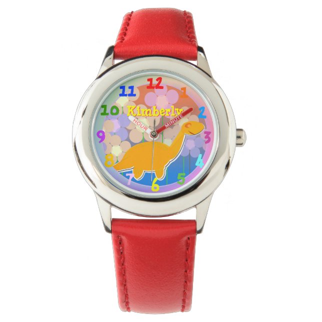 Leuke Cartoon Dinosaur Flowers met aangepaste naam Horloge (Voorkant)