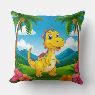 Leuke Cartoon Dinosaur in Weelderige Tropische Jun Kussen